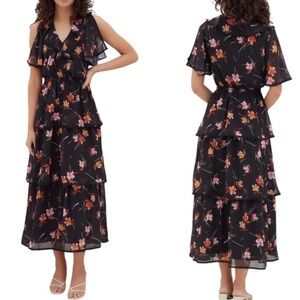 LN Anthropologie Lost + Wander Beachy Oasis Black Floral Tiered Maxi Dress - M
